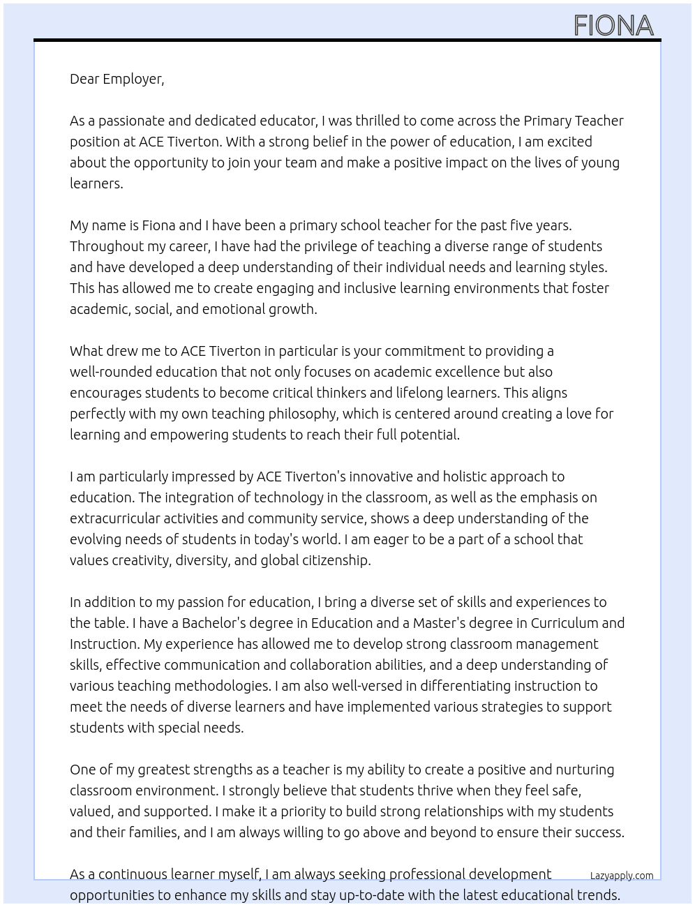 Primary Teacher At ACE Tiverton Cover Letter