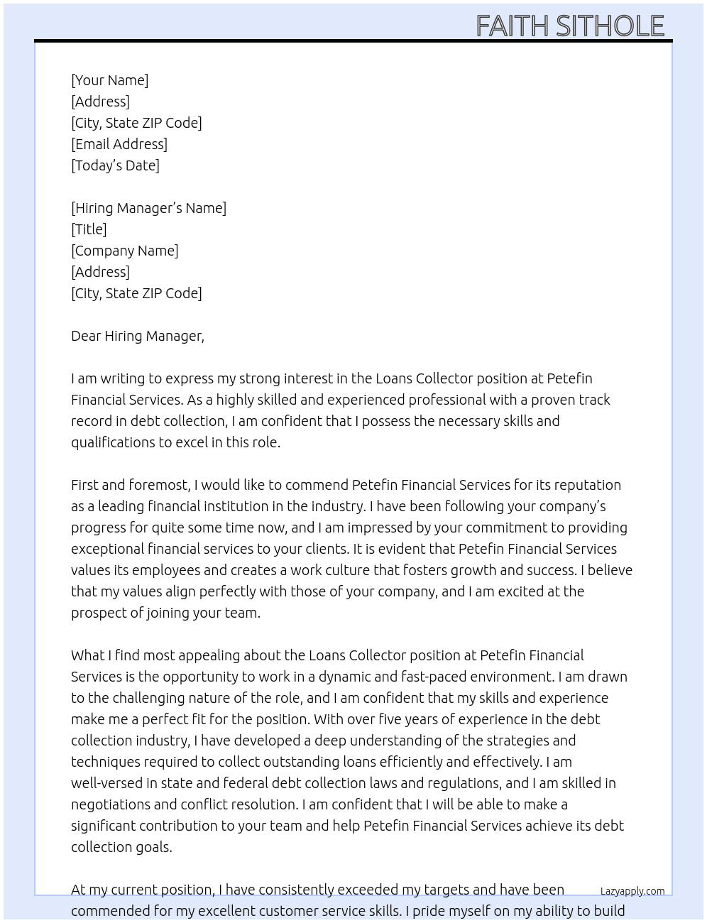 Loans collector At Petefin financial services  Cover Letter