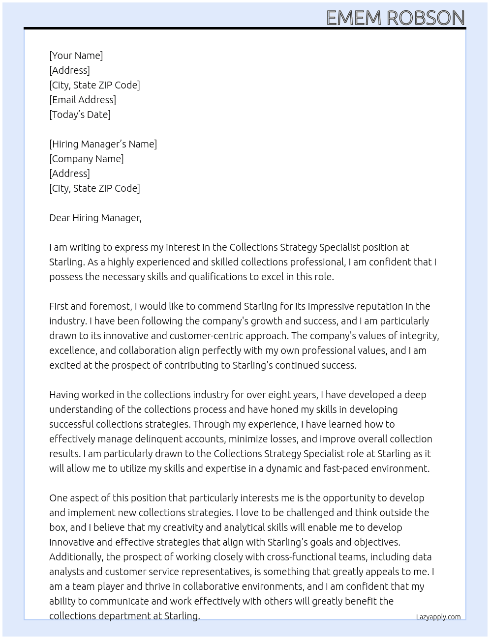 Collections Strategy Specialist At Starling Cover Letter