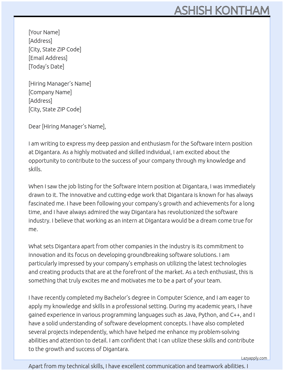 Software intern  At Digantara Cover Letter