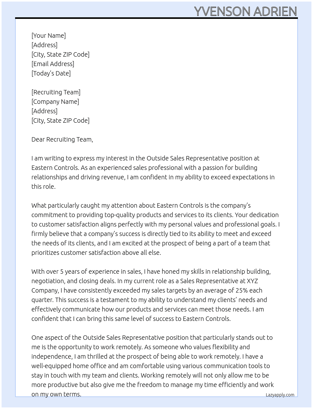 Outside sales rep  At Eastern controls  Cover Letter
