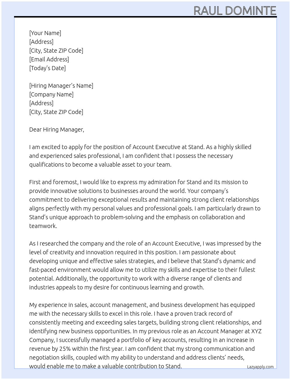 Account Executive At Stand Cover Letter