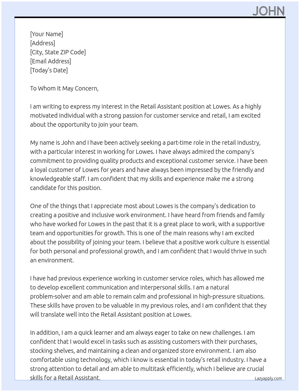 Retail assistant  At Lowes  Cover Letter