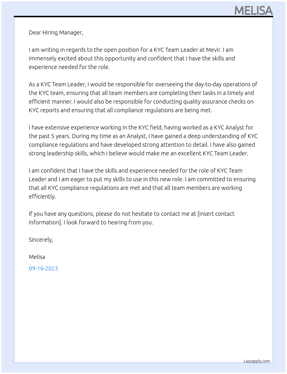 KYC Team Leader At Mevir  Cover Letter
