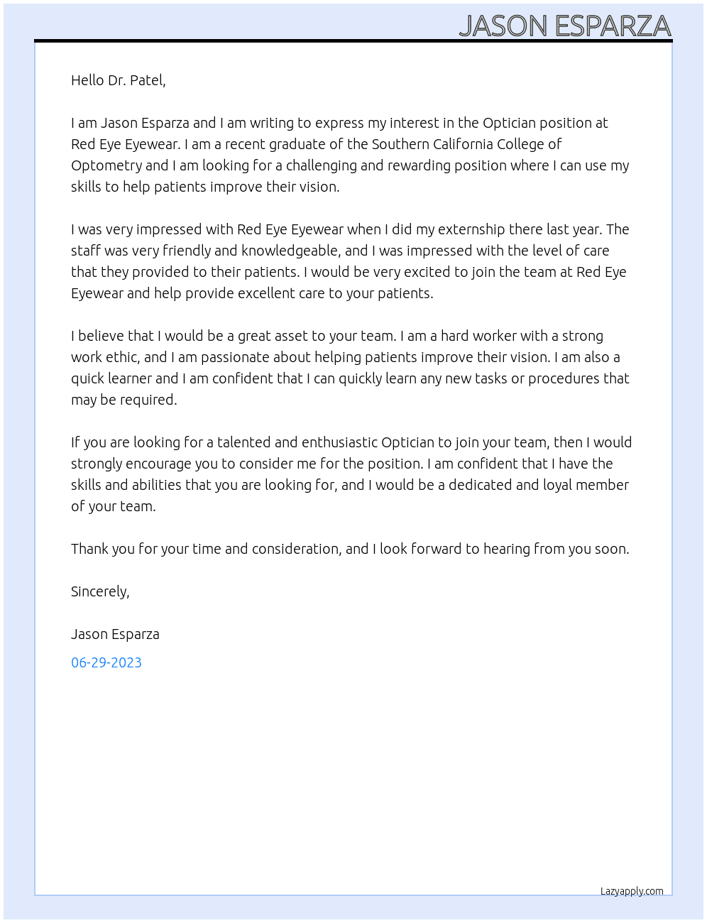 Optician At Red Eye Eyewear Cover Letter