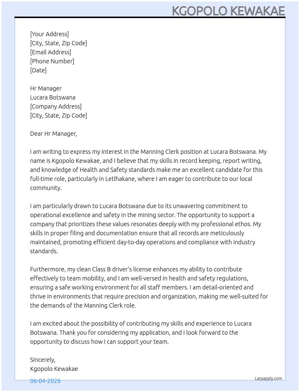 Manning Clerk At Lucara Botswana Cover Letter