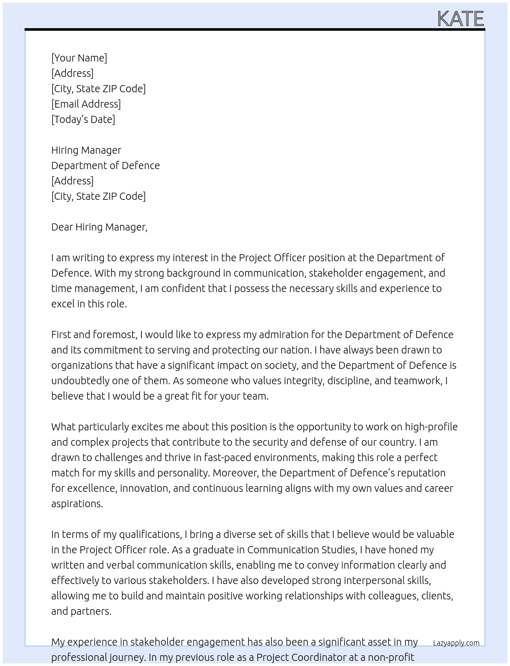 Project Officer At Department of Defence Cover Letter