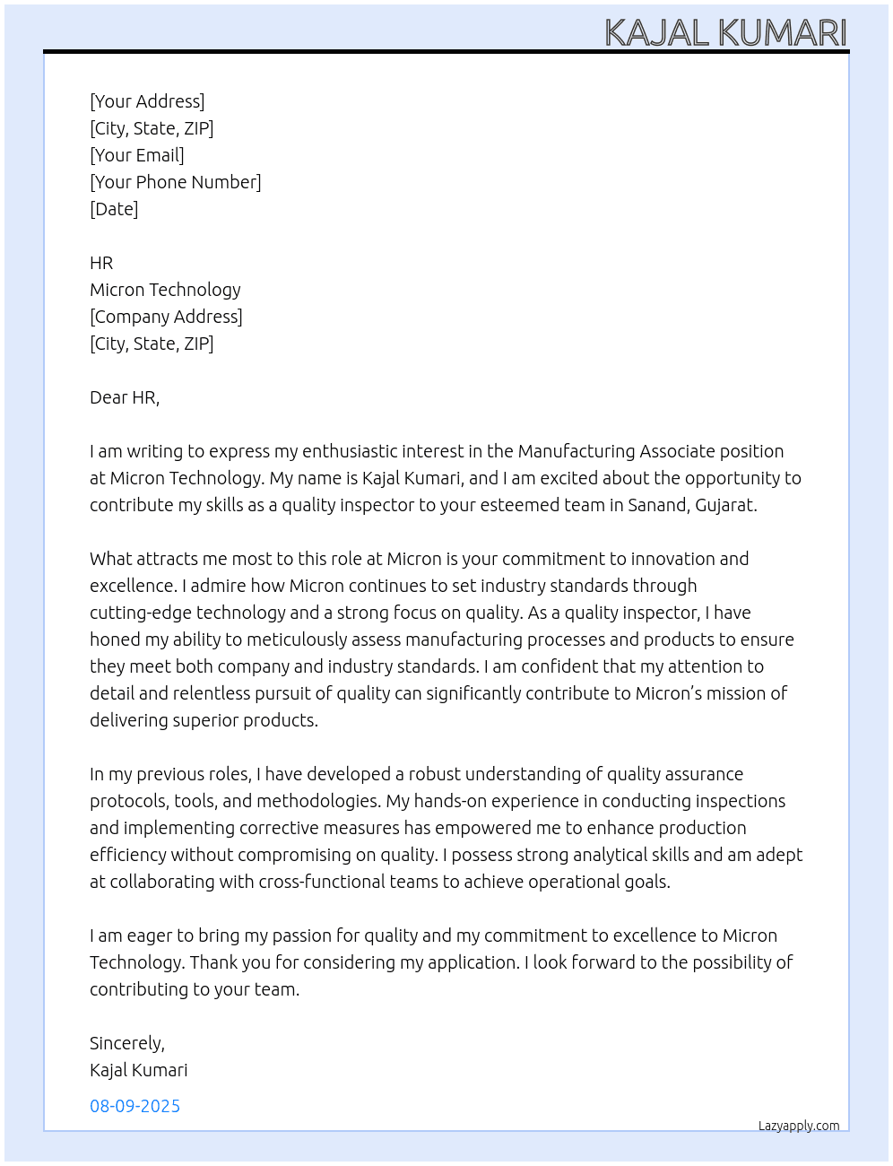 Manufacturing associate At Micron technology Cover Letter