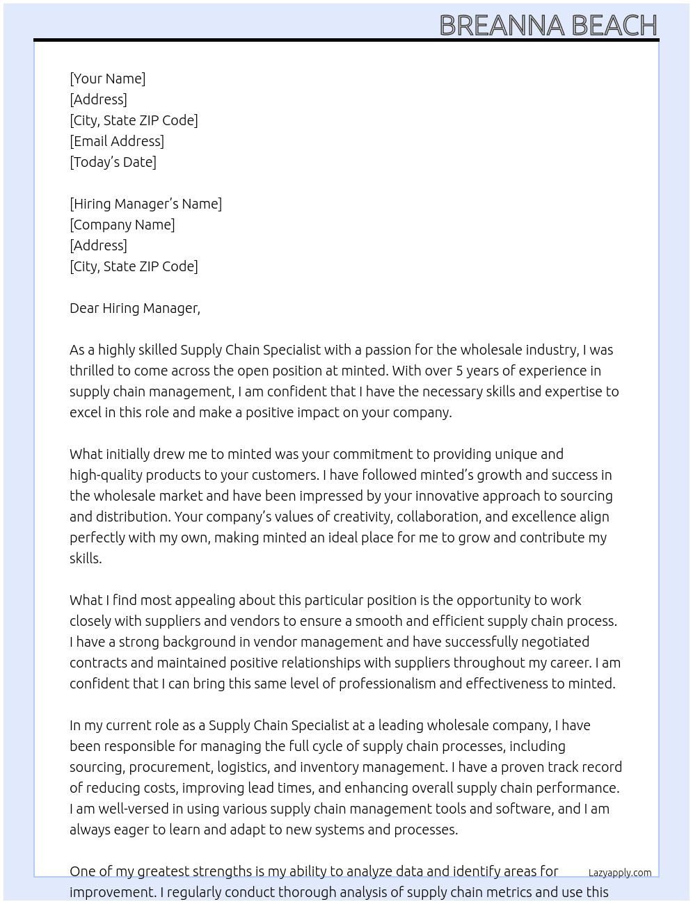 Supply Chain Specialist - Wholesale At minted. Cover Letter