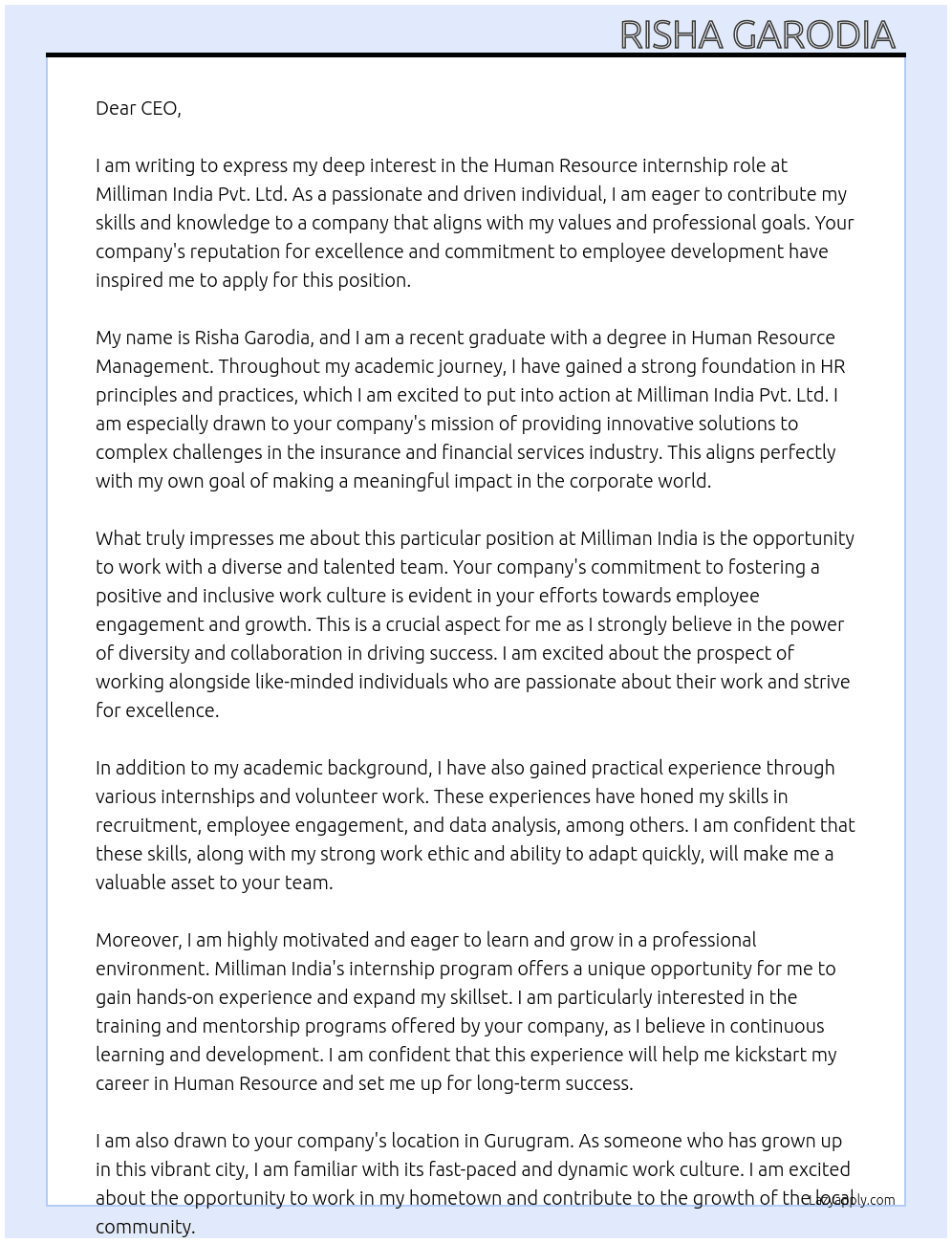 Human Resource  At Milliman India Pvt.Ltd Cover Letter