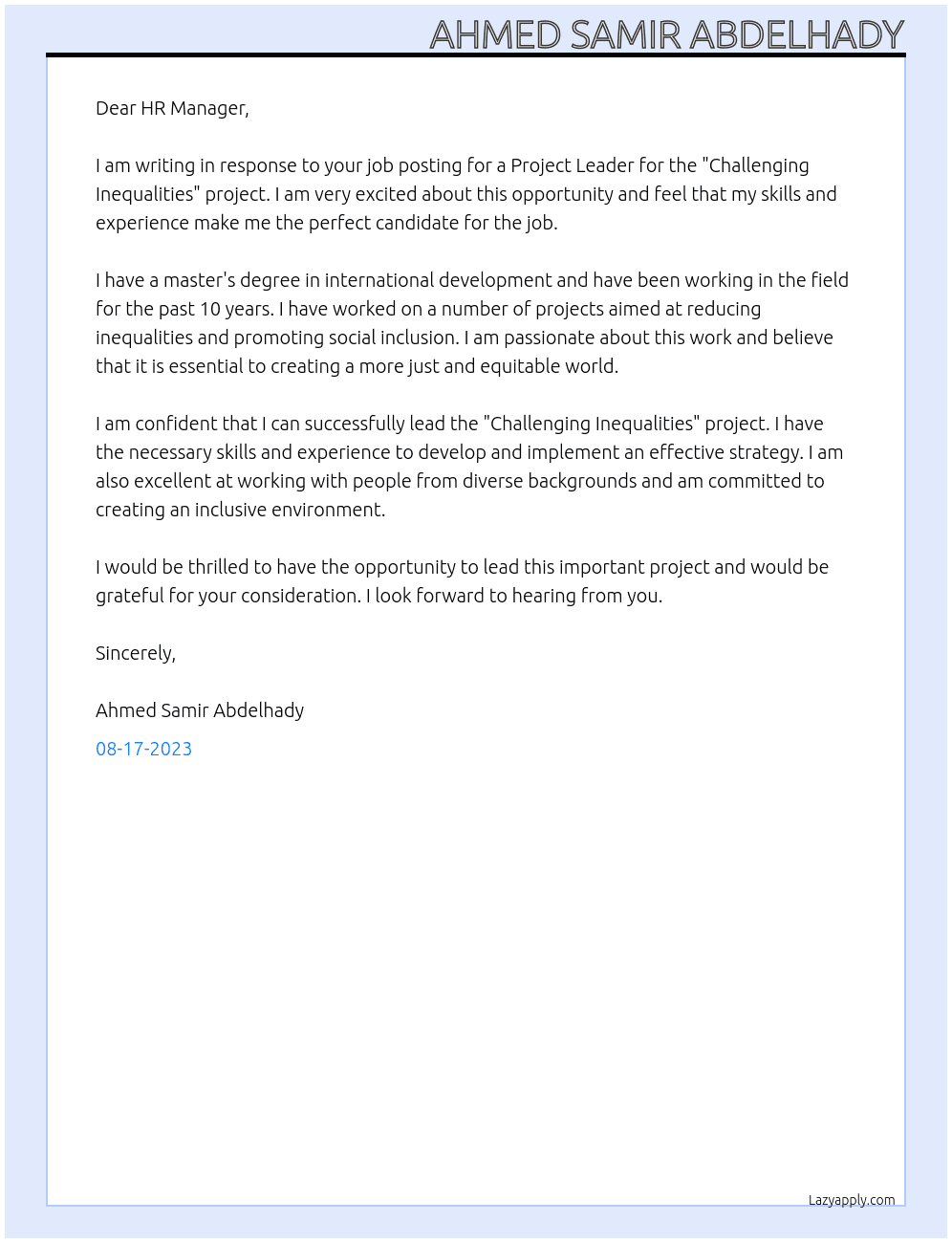 Project Leader "Challenging Inequalities" At  Anna Lindh Foundation Mobility Programme Cover Letter