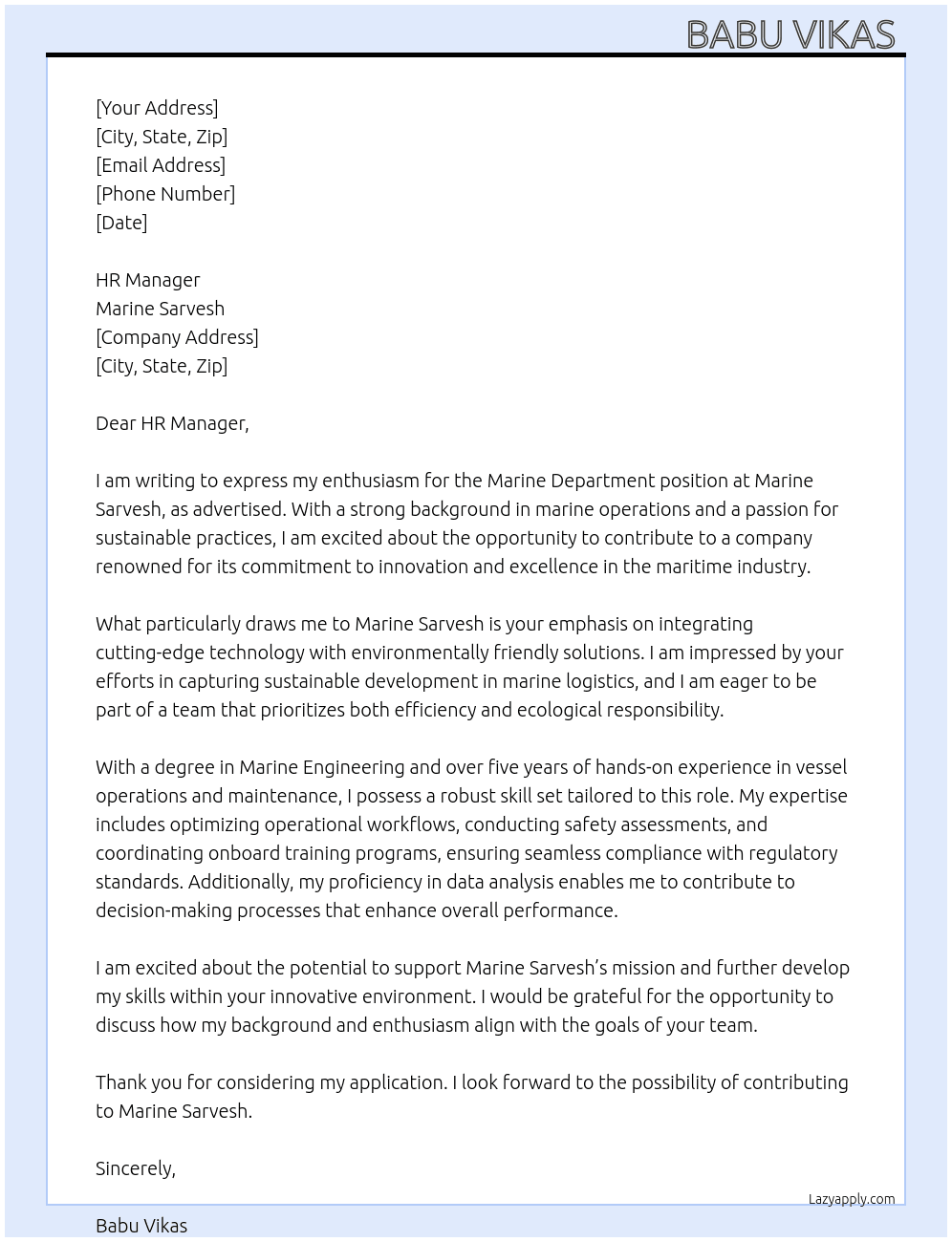Cover letter for marine department - LazyApply