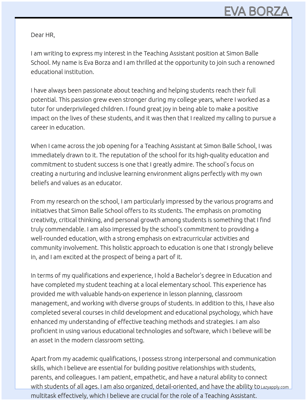 Teaching assistant  At Simon Balle School  Cover Letter