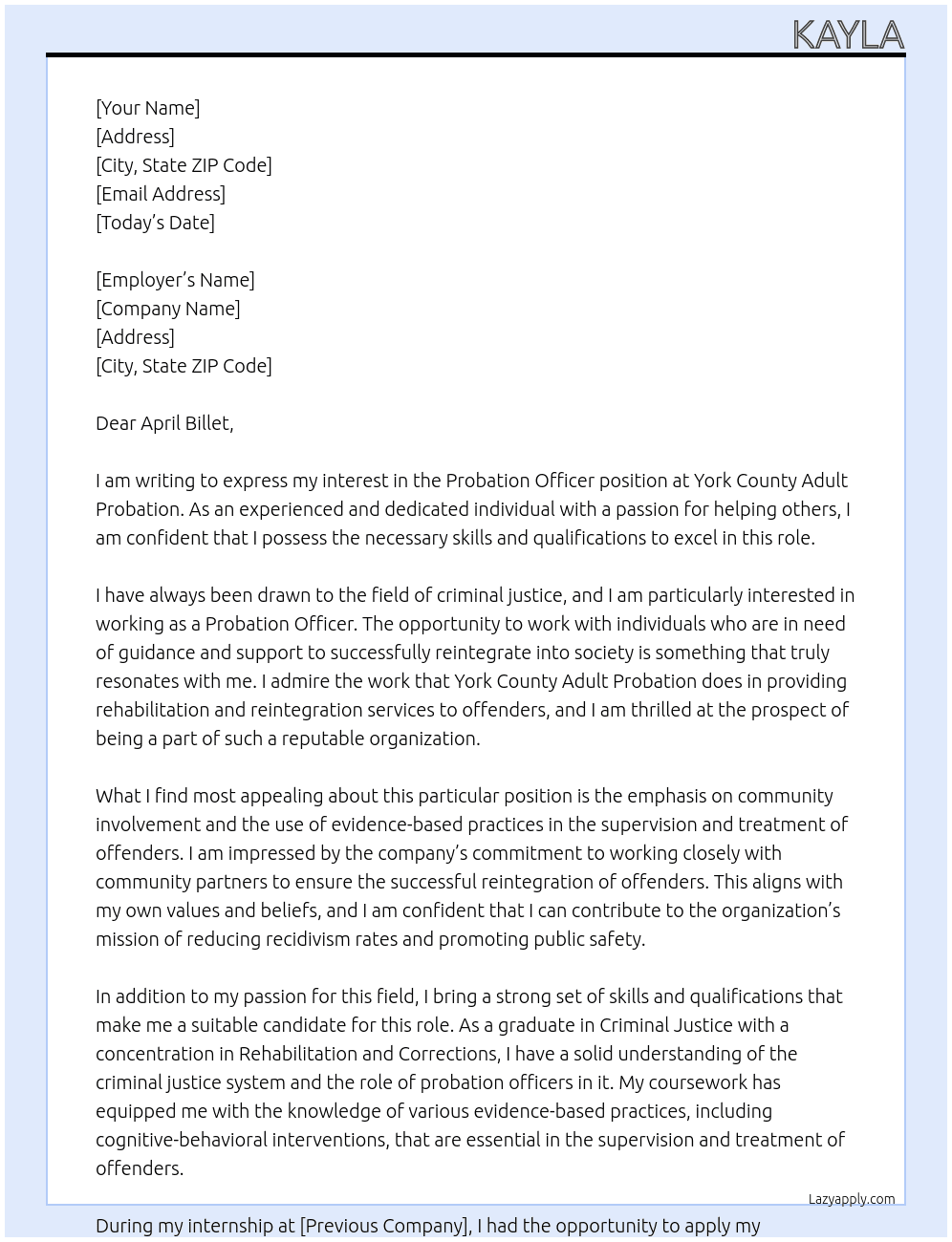 Probation Officer At York County Adult Probation Cover Letter