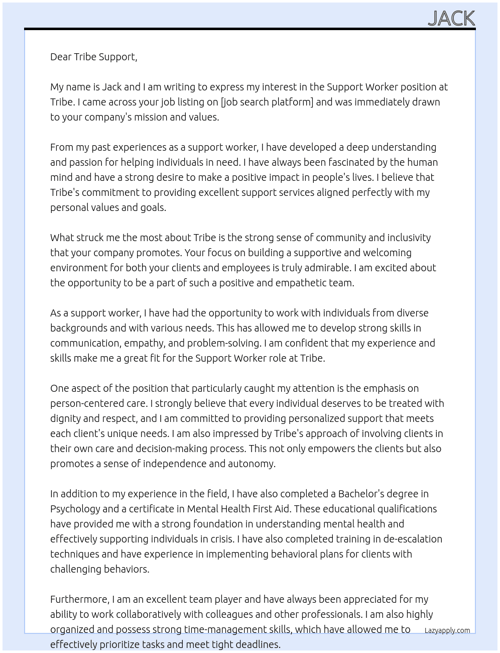 Support Worker At Tribe Cover Letter