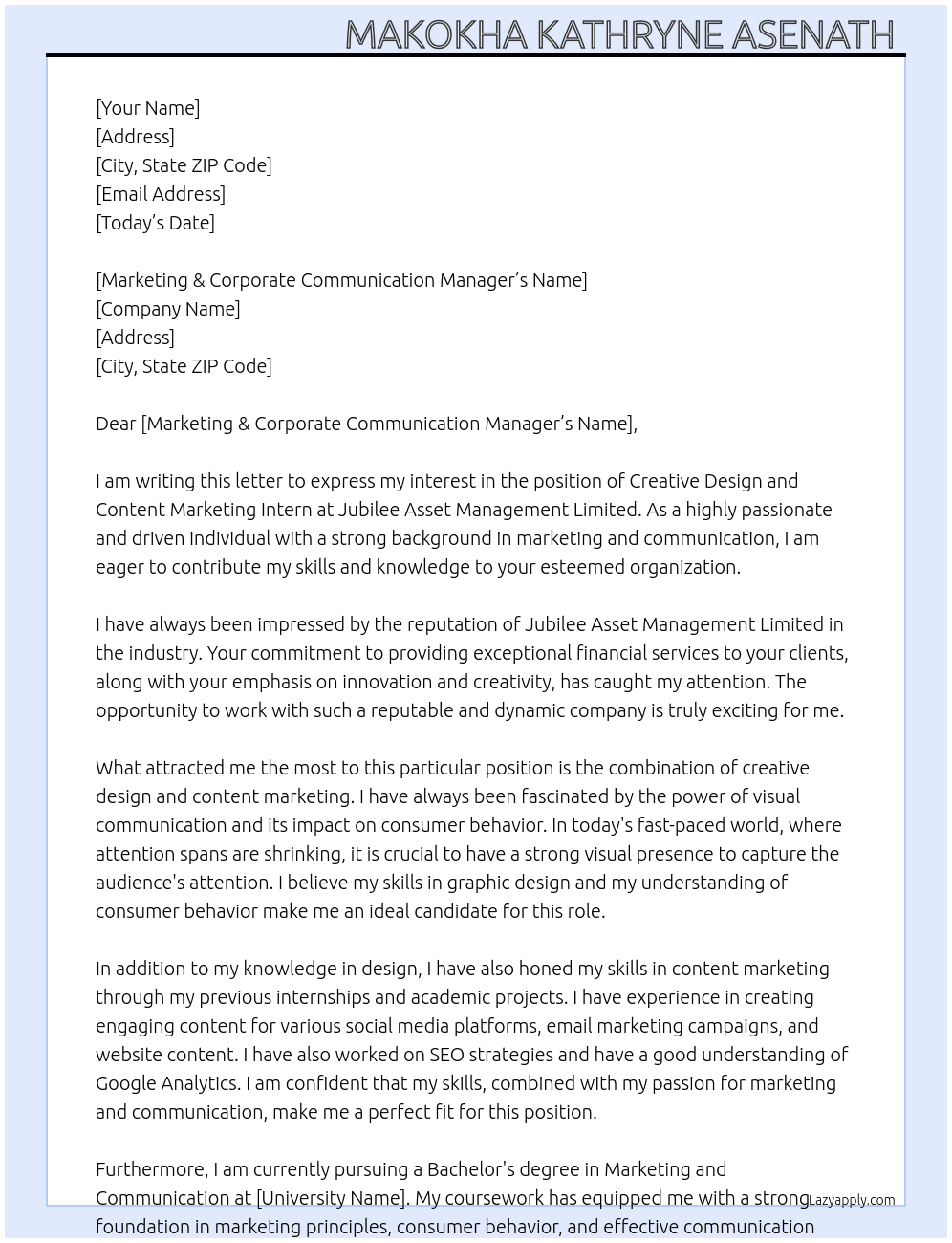 Creative Design and Content Marketing Intern  At Jubilee Asset Management Limited  Cover Letter