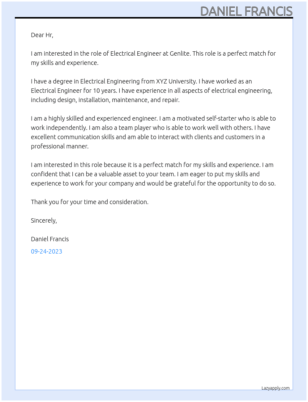 Electrical Engineer  At Genlite  Cover Letter