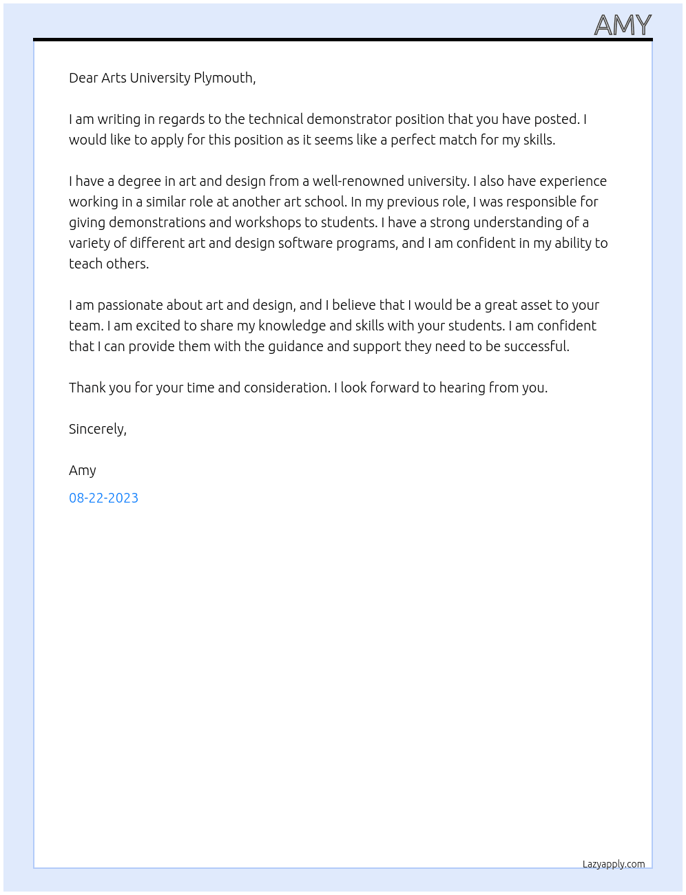 technical demonstrator At Arts University Plymouth Cover Letter