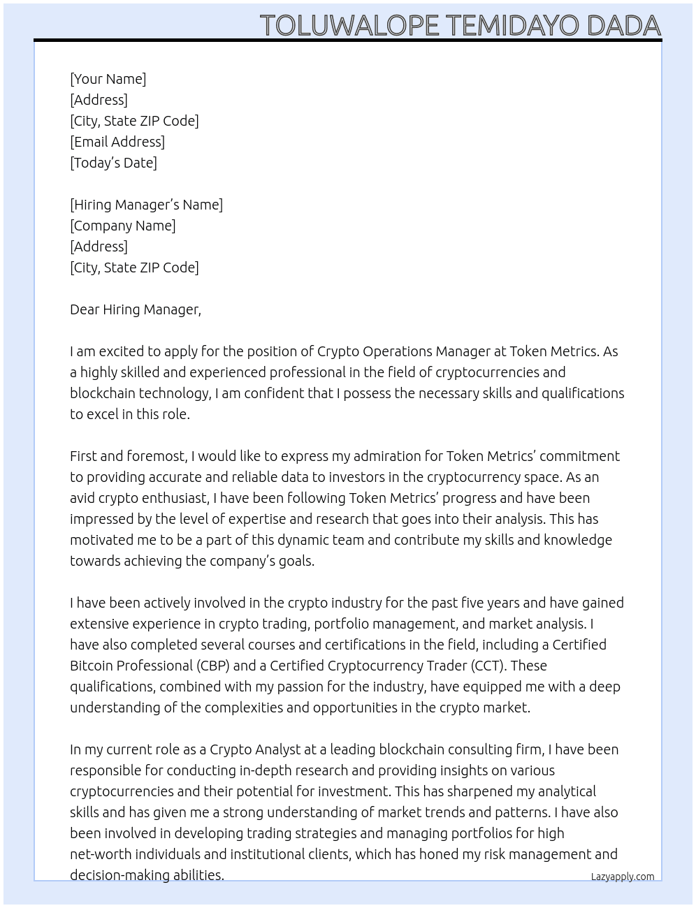 Crypto Operations Manager  At Token Metrics Cover Letter