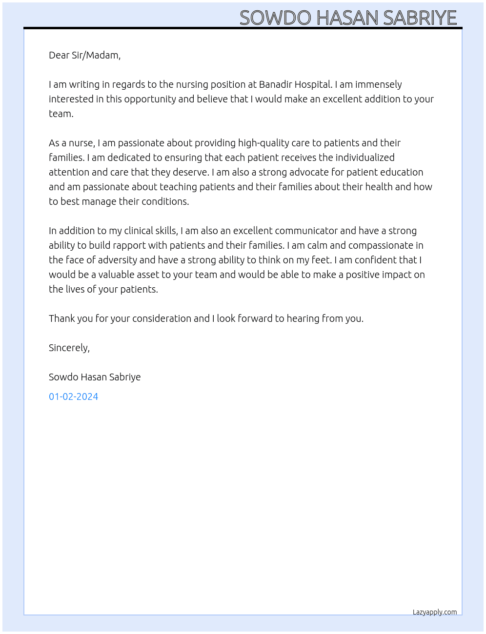 Nursing  At Banadir Hospital  Cover Letter