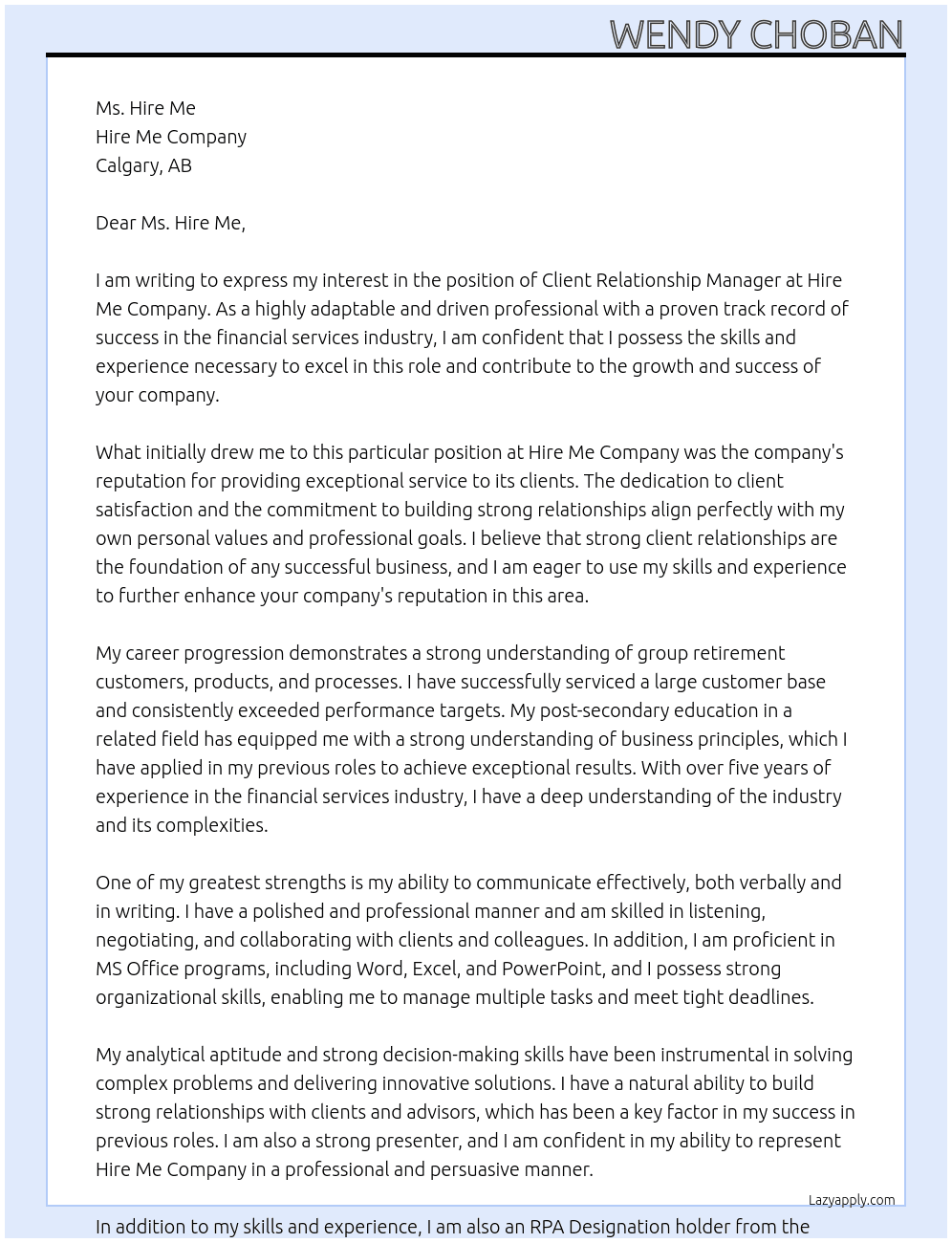 Client Relationship Manager At Hire Me Company Cover Letter