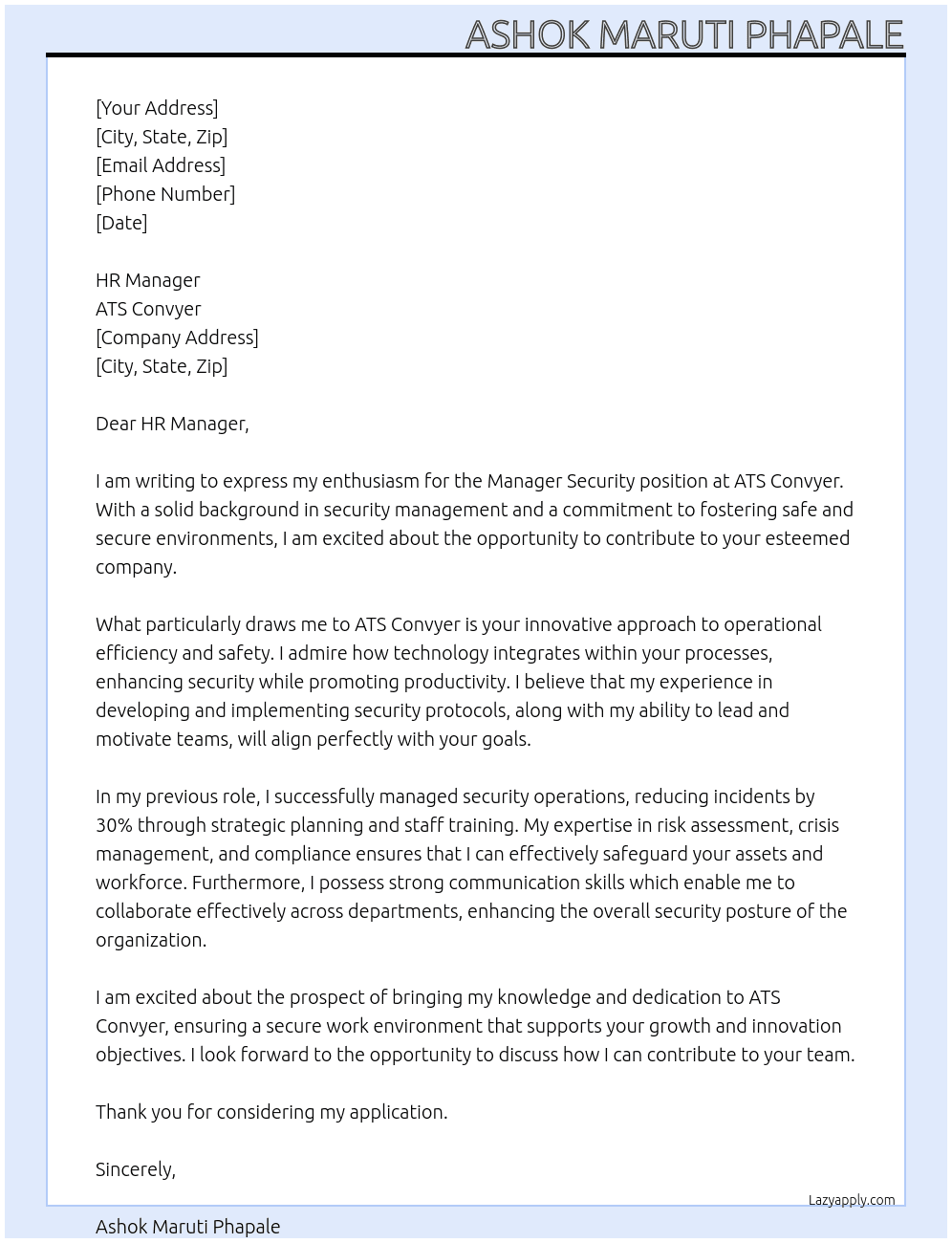 Cover letter for manager security - LazyApply
