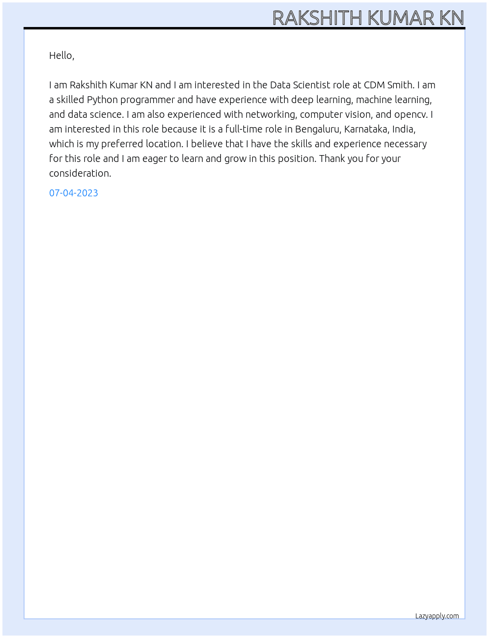 Data Scientist At CDM Smith  Cover Letter