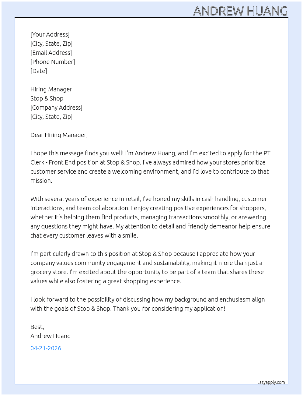 PT Clerk - Front End At Stop & Shop Cover Letter