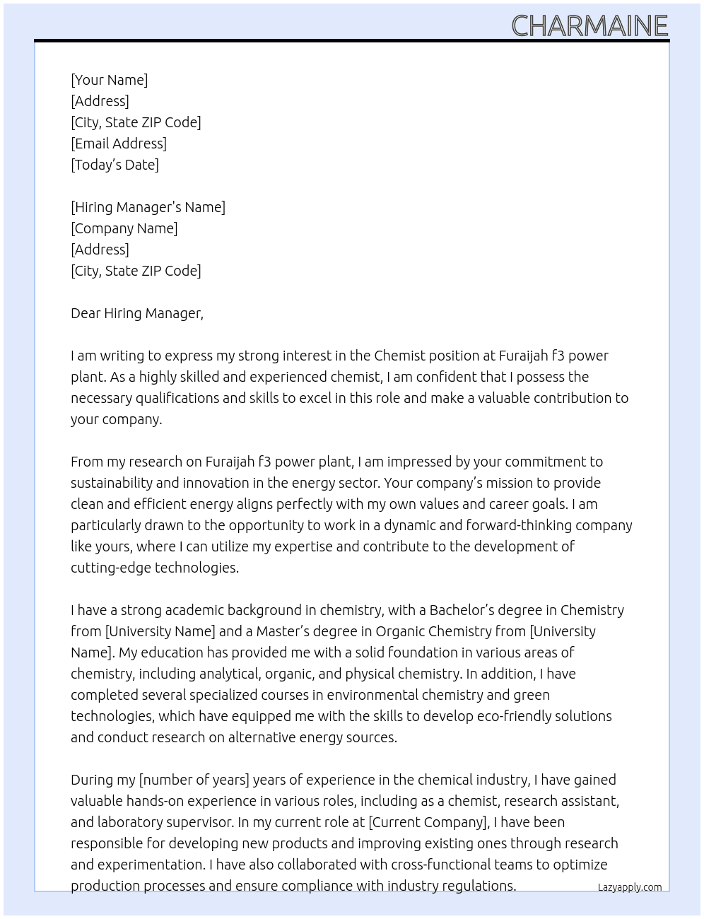 Chemist At Furaijah f3 power plant Cover Letter