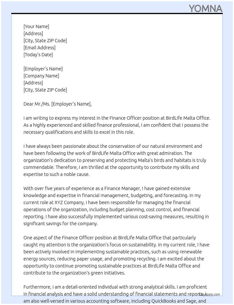 Finance Officer At BirdLife Malta Office Cover Letter