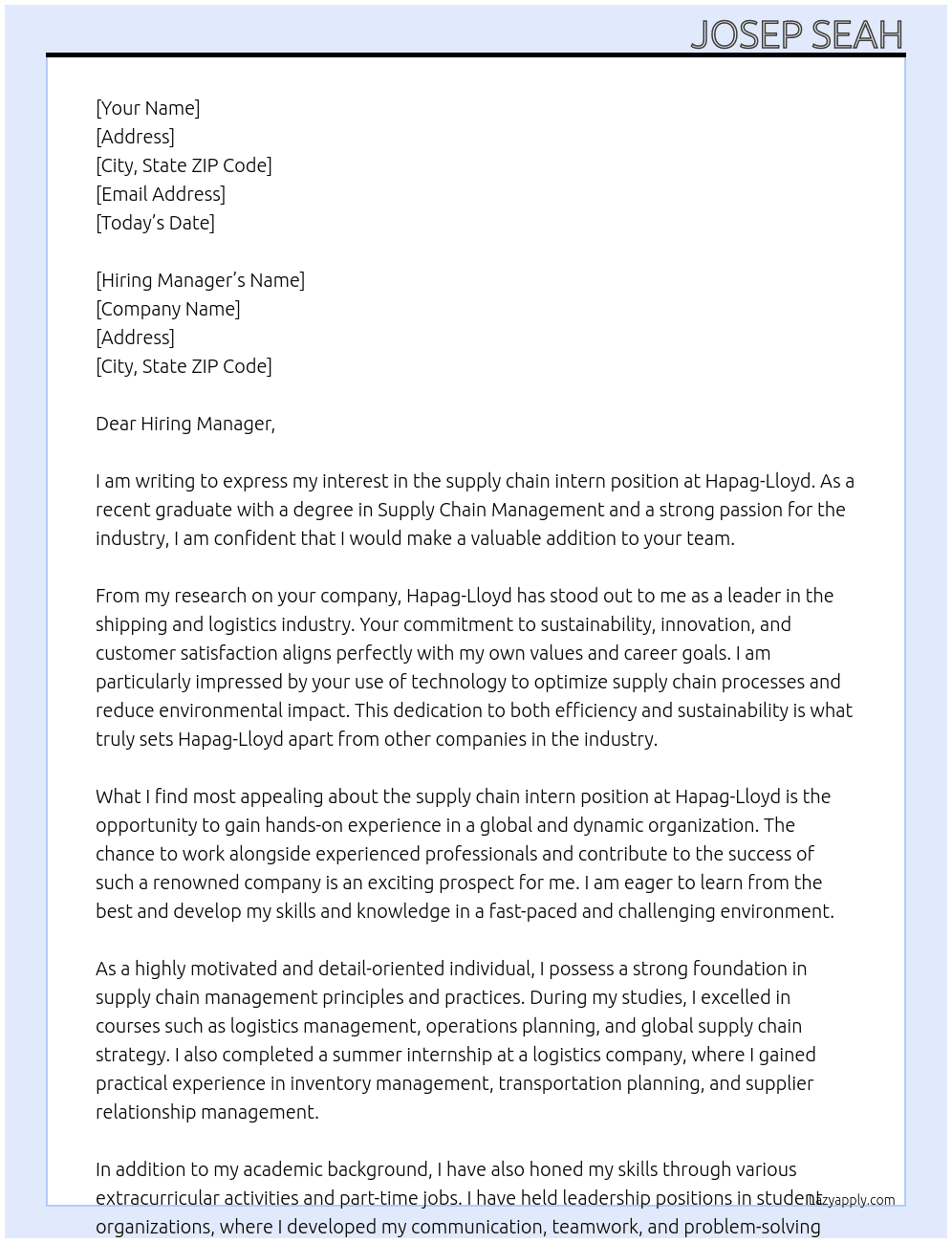 supply chain intern  At Hapag-Lloyd Cover Letter