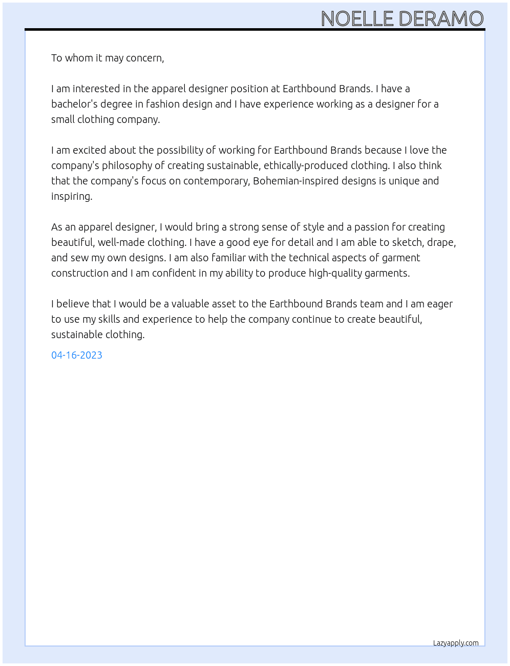 Apparel Designer At Earthbound Brands Cover Letter