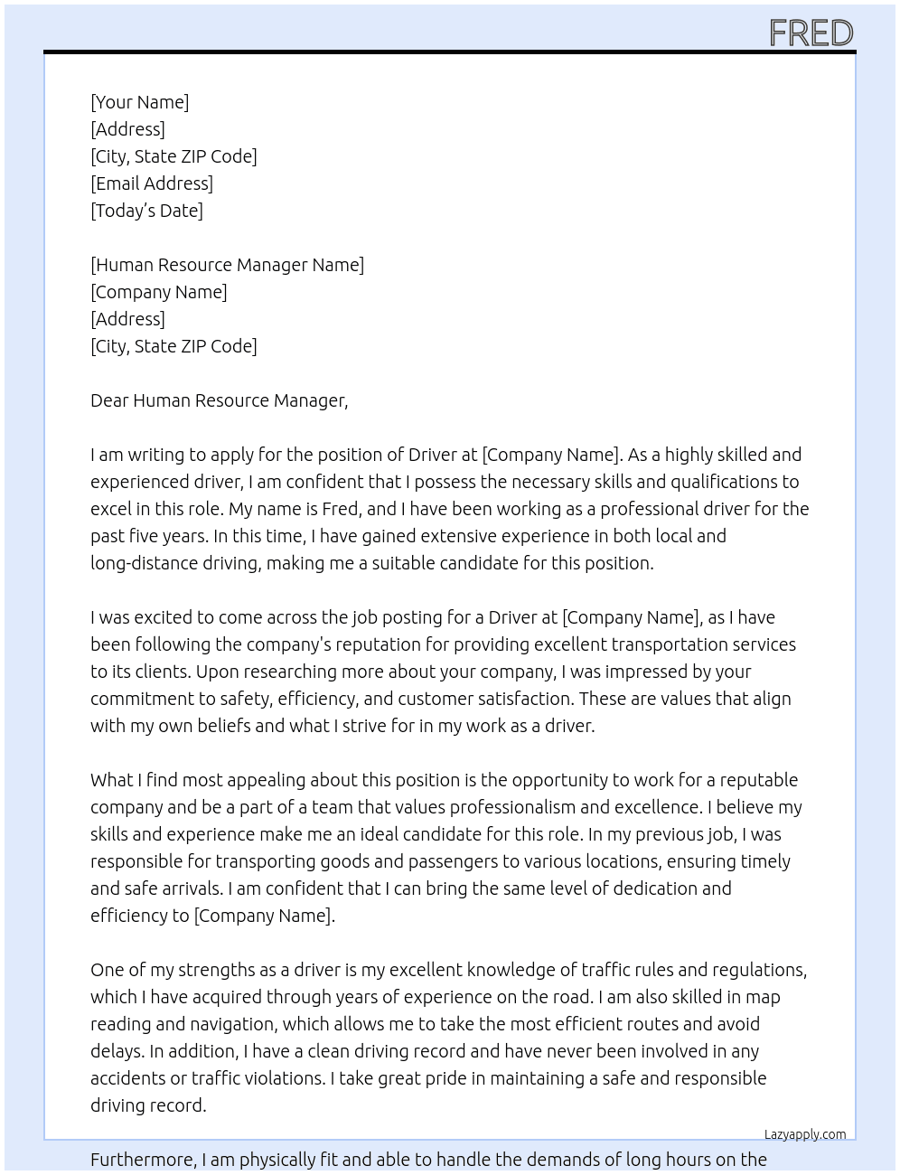 driver At Human Resurce manager  Cover Letter