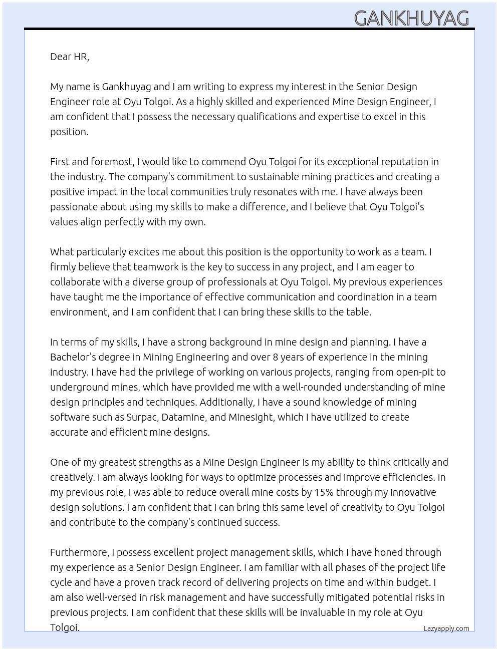 Mine design engineer At Oyu tolgoi Cover Letter