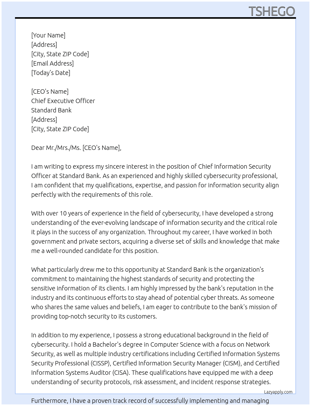 Chief Information Security Officer At Standard Bank Cover Letter