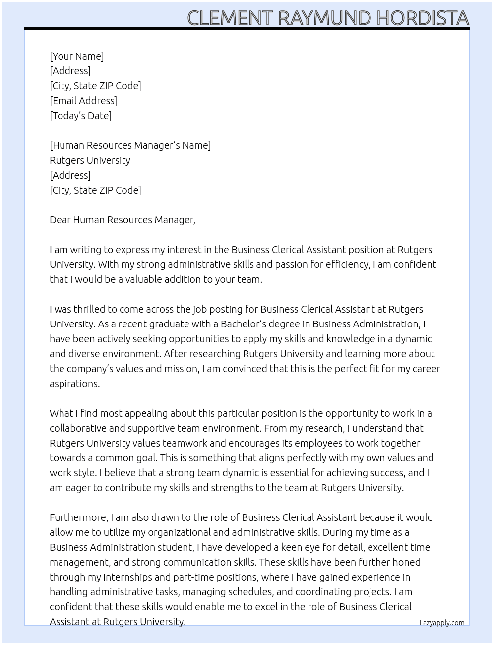 Business Clerical Assistant At Rutgers University Cover Letter