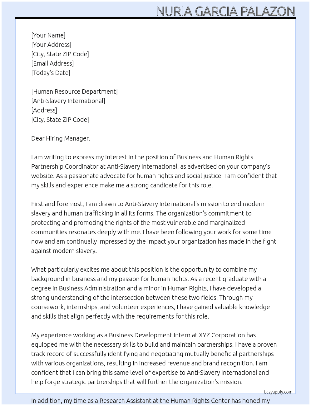 Business and Human Rights Partnership Coordinator At Anti-Slavery International Cover Letter