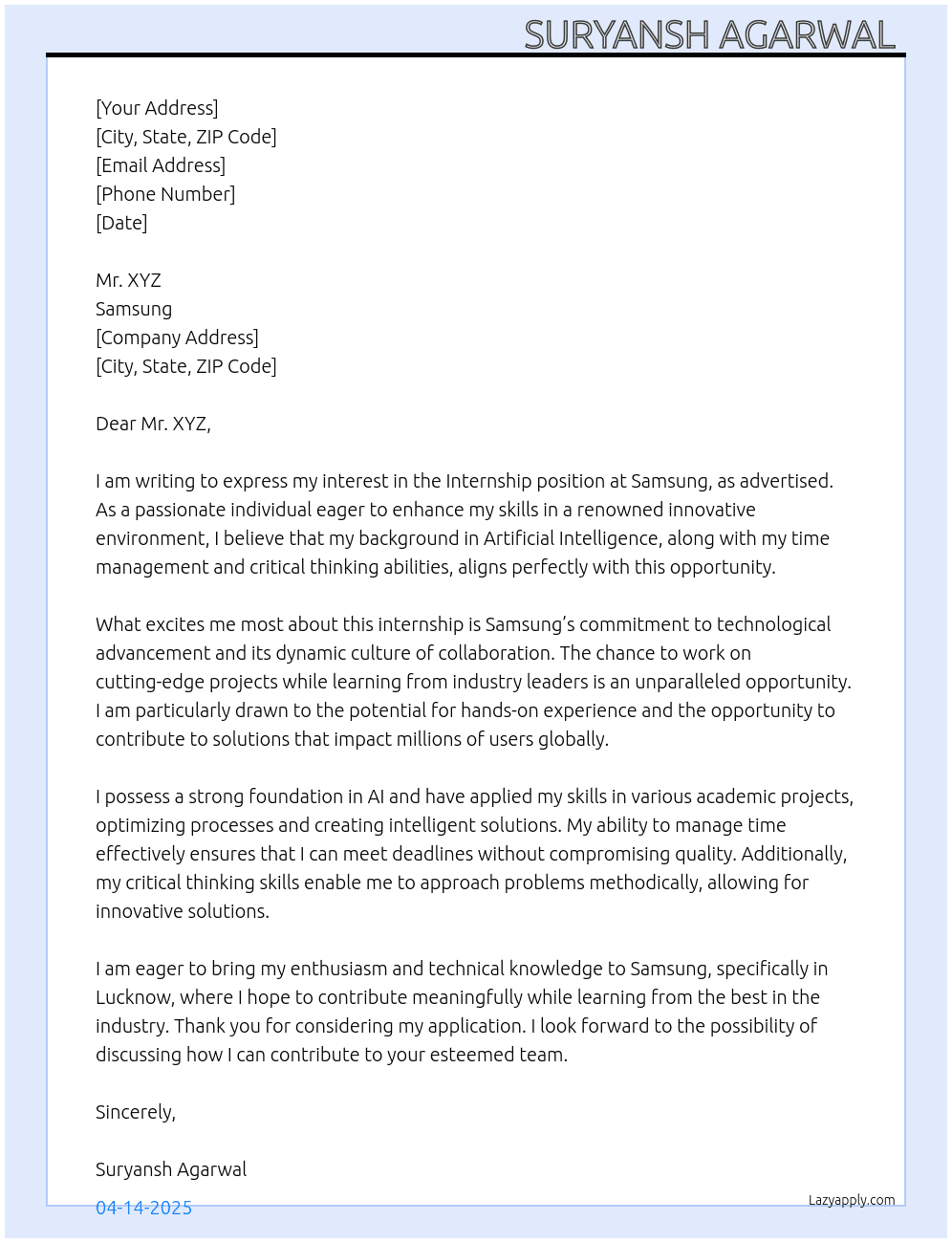 Internship At Samsung Cover Letter