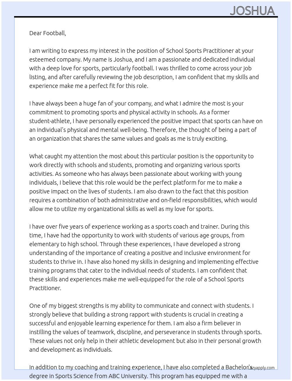School sports practitioner  At Football Cover Letter