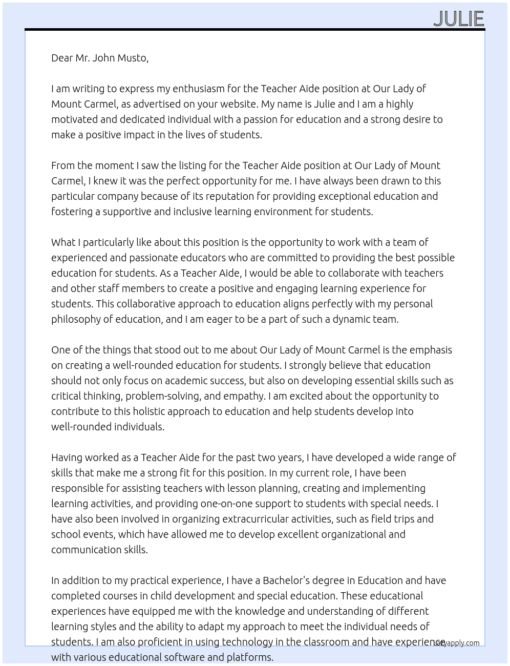 Teacher Aide At Our Lady Of Mount Carmel Cover Letter