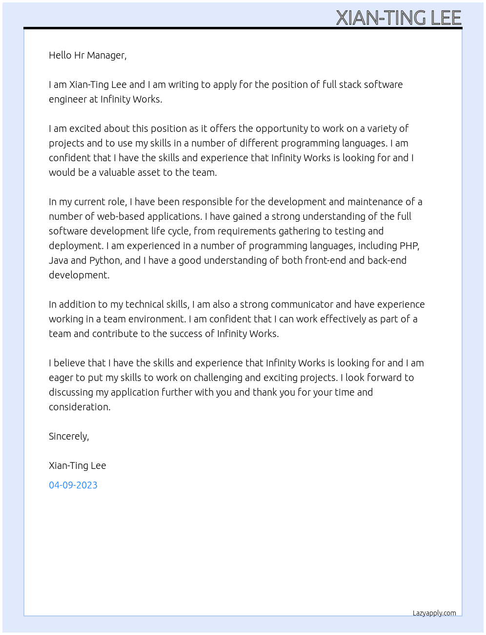 Full stack software engineer At Infinity Works Cover Letter