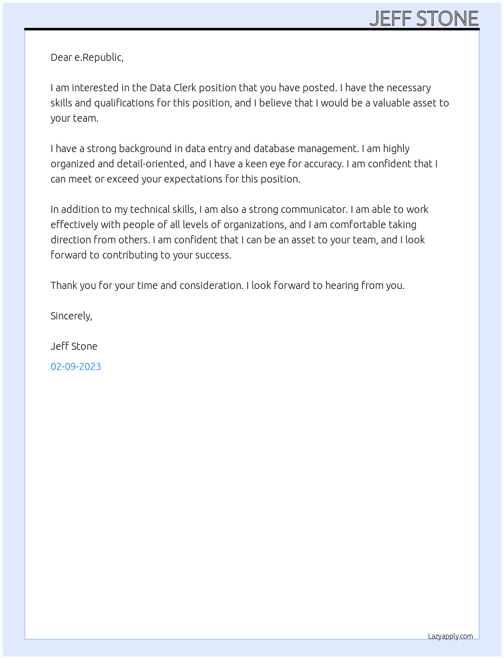 Data Clerk At e.Republic Cover Letter
