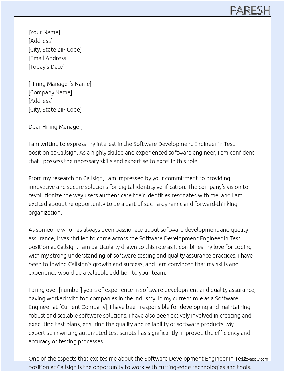 Software Development Engineer in Test At Callsign Cover Letter