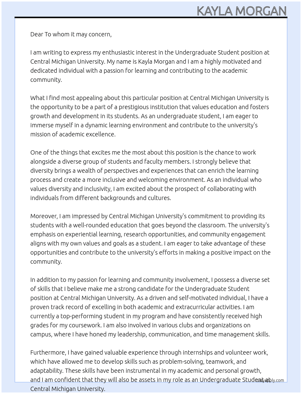 Undergraduate Student At Central Michigan University Cover Letter