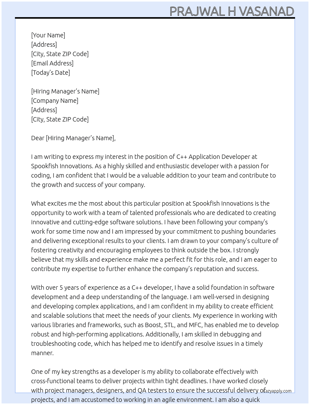 C++ Application Developer  At Spookfish Innovations Cover Letter