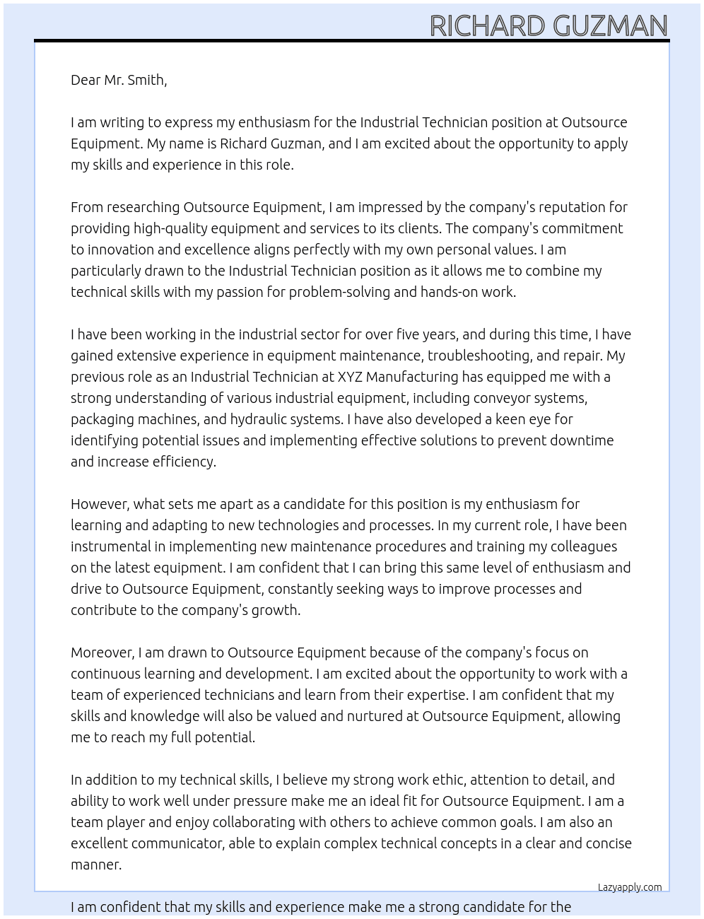 Industrial Technician At Outsource Equipment Cover Letter