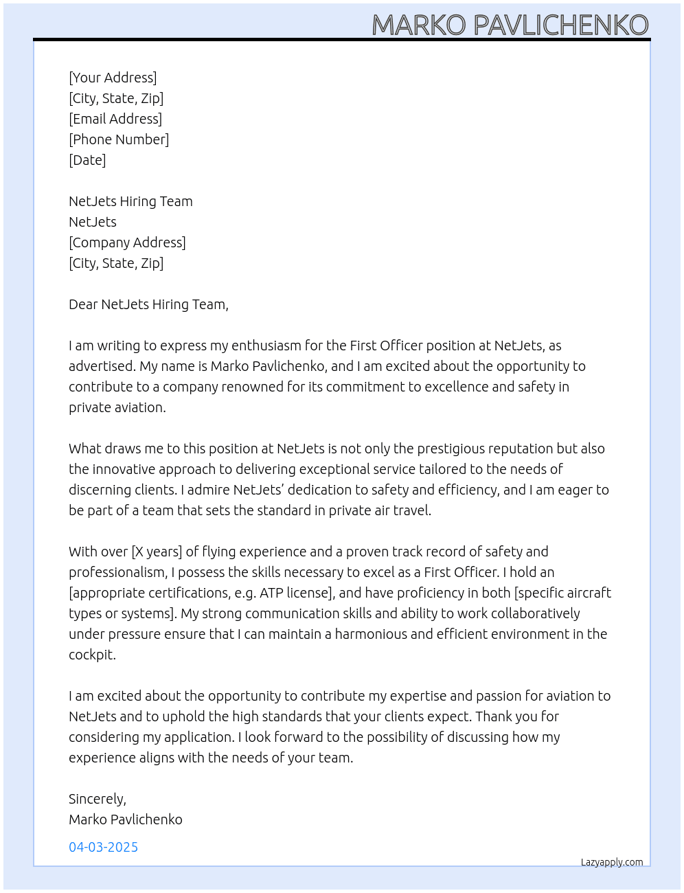First Officer At NetJets Cover Letter