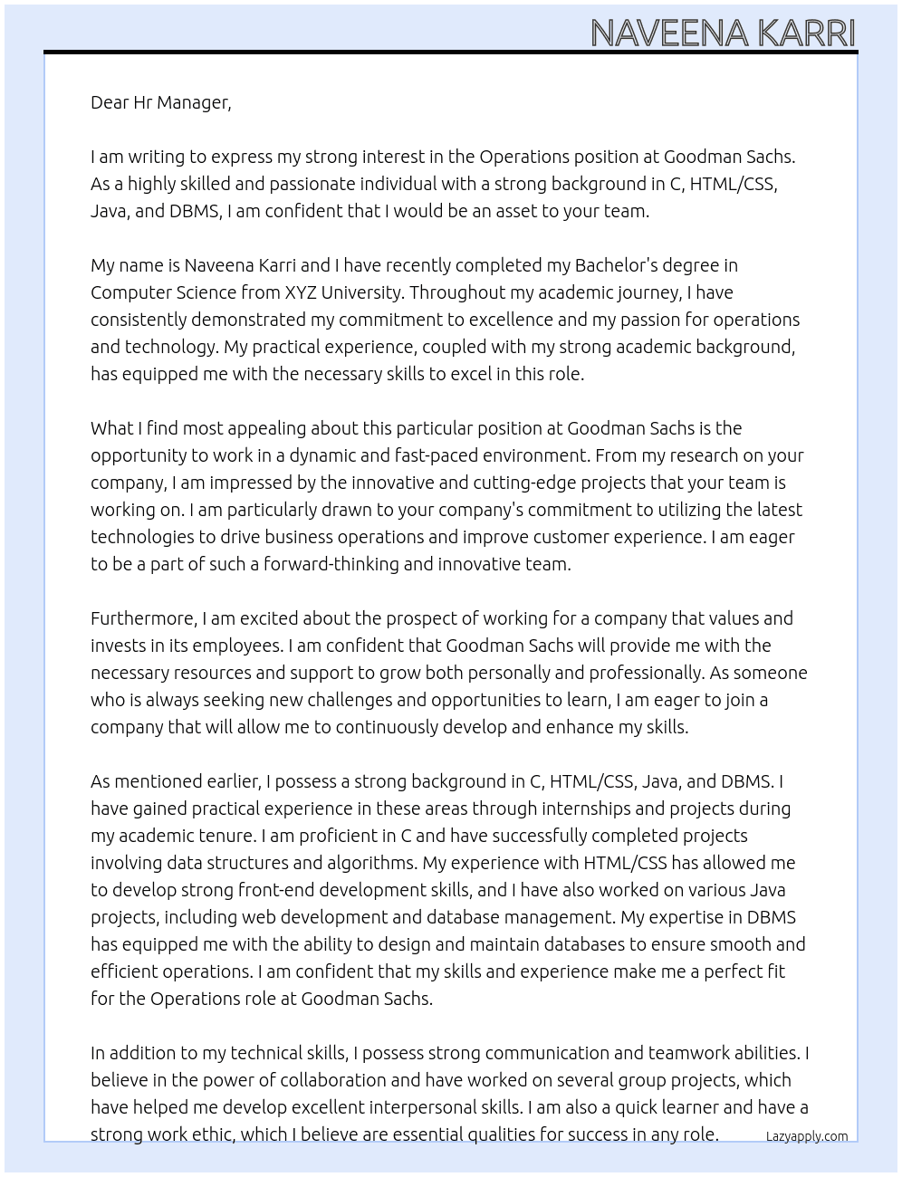 Operations  At Goodman Sachs  Cover Letter