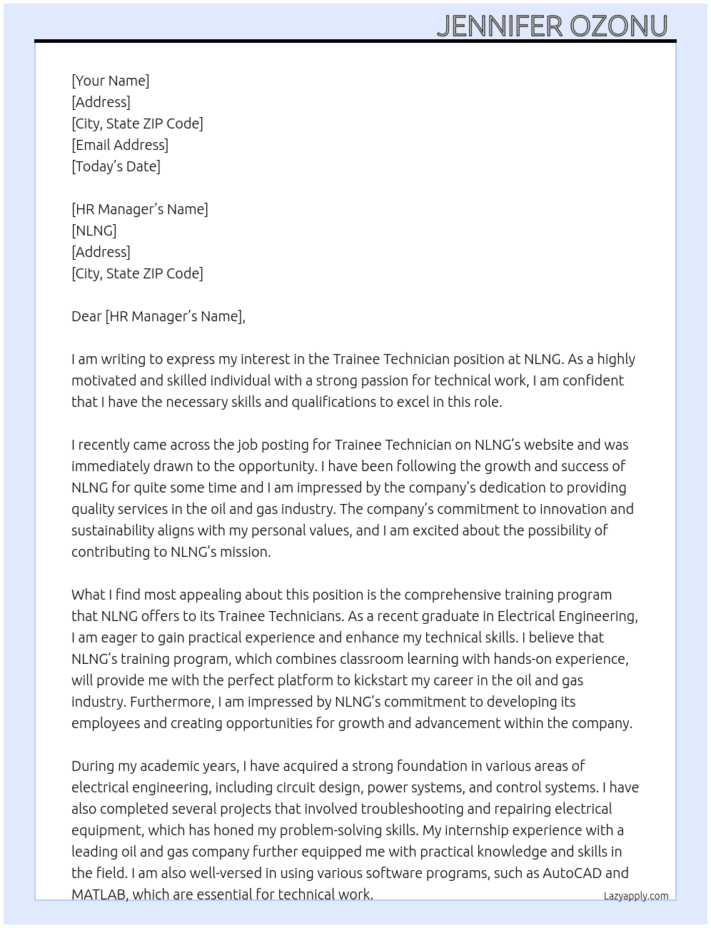 Trainee technician  At Nlng  Cover Letter