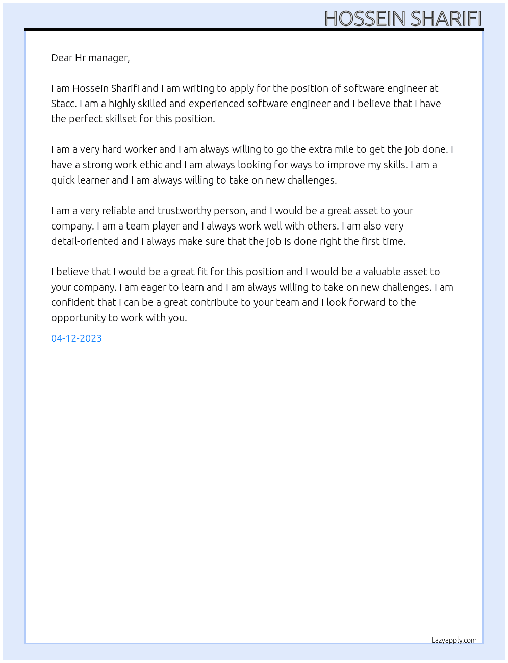 Software engineer At Stacc Cover Letter